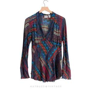 Vintage Chicos Silk Top L Multi Blue Babydoll Whimsigoth Y2K Indie Artsy Sheer
